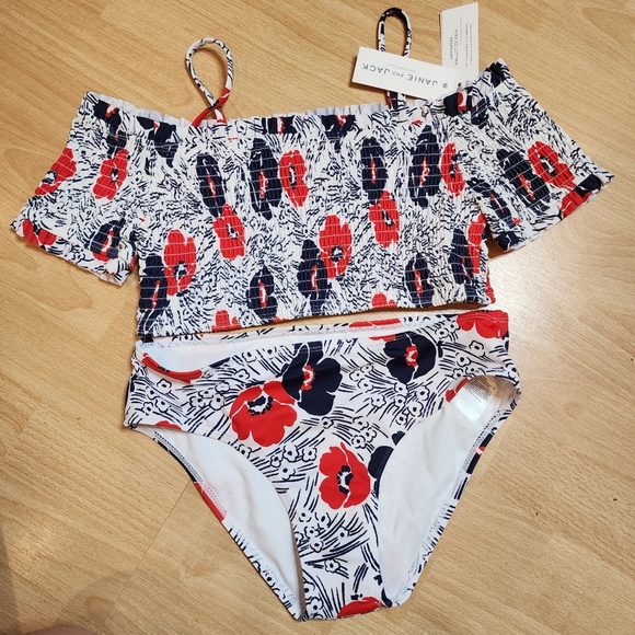 NWT Janie and Jack 2 piece smocked swim set. Red white blue floral. Kids size 14
